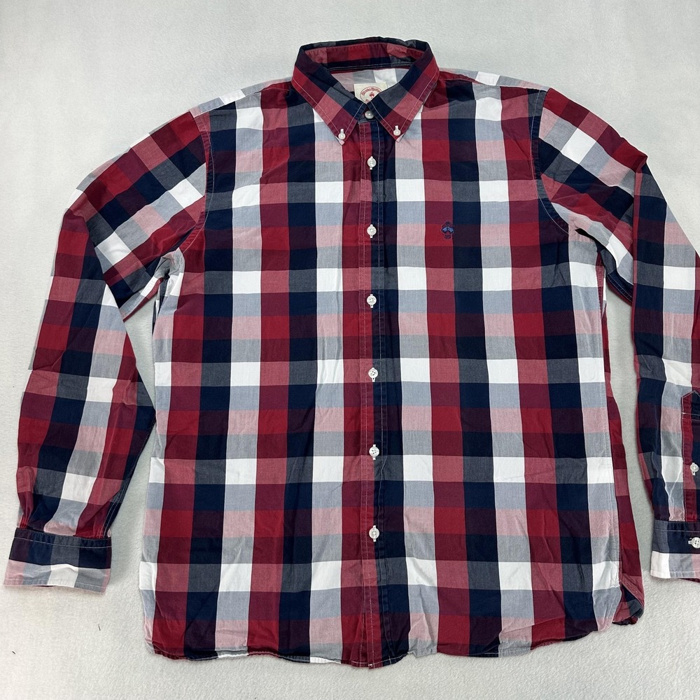 Brooks Brothers Red Fleece Shirt Men's Large Red Navy Plaid Check Preppy Casual‎